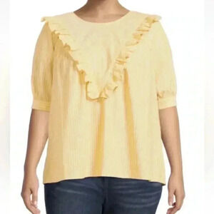 Terra & Sky Yellow Striped Woven Cotton 3/4 Sleeve Ruffle Blouse Top Size 0X/14W